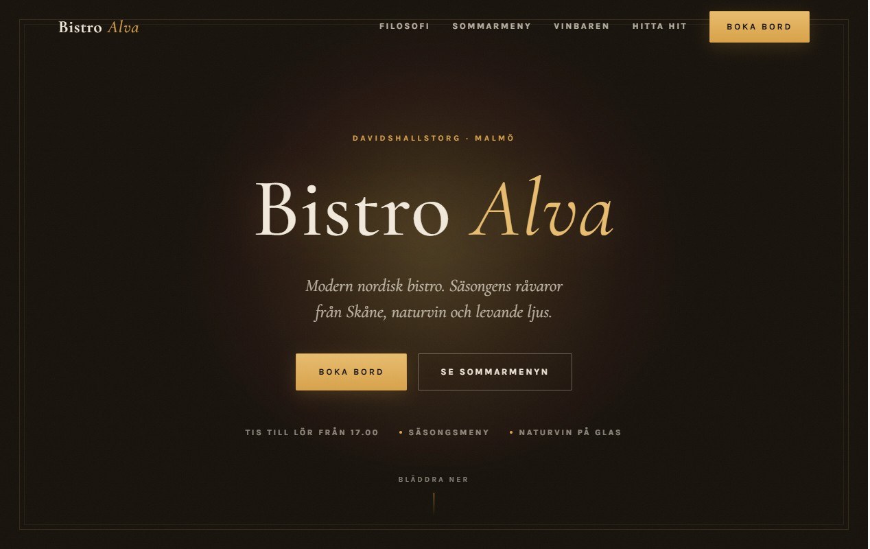 Demo site for the restaurant Bistro Alva: dark and moody with candlelit serif typography