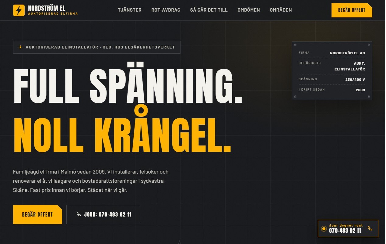 Demo site for the electrical firm Nordström El: black and amber, bold all-caps headline