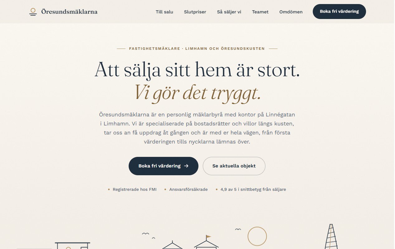 Demo site for Öresundsmäklarna: light and airy in sand and navy with line-drawn houses