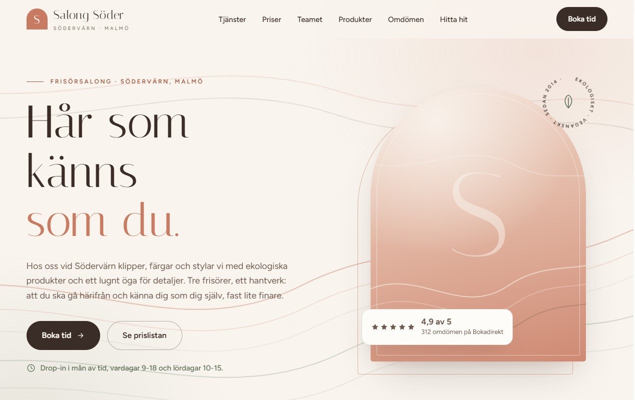 Demo site for the hair salon Salong Söder: soft cream elegance with terracotta and arches
